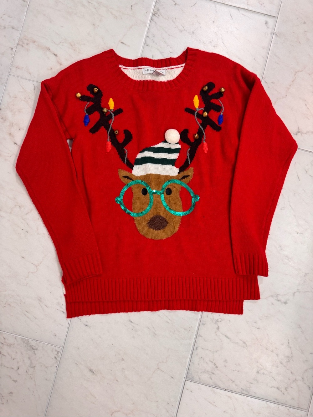 🎄It's our Time Ugly Red Christmas Sweater Sz S Rudolph Bells Pom Pom Sequins
